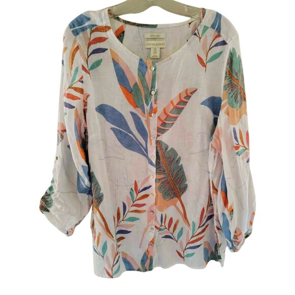 Flowy Lightweight Linen White Tropical Print Tunic Top Blouse | Cynthia Rowley - Picture 3 of 11